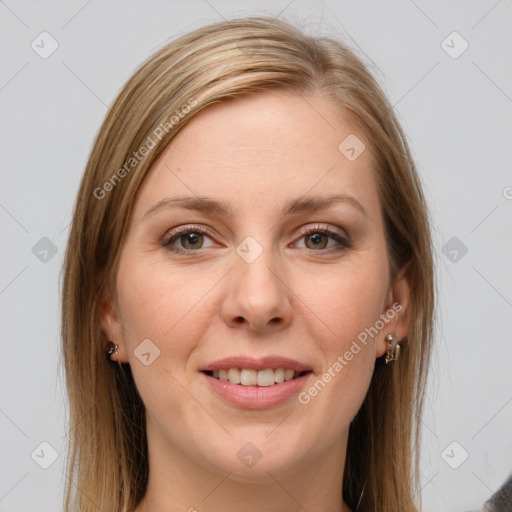 Joyful white young-adult female with long  brown hair and grey eyes