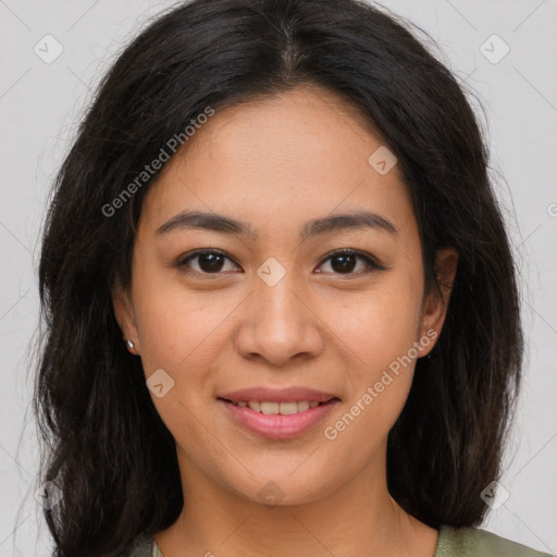 Joyful white young-adult female with long  brown hair and brown eyes