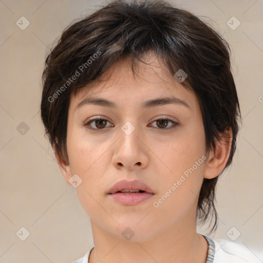 Neutral white young-adult female with medium  brown hair and brown eyes