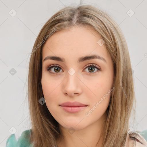 Neutral white young-adult female with long  brown hair and brown eyes