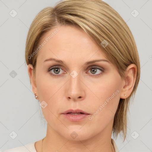 Neutral white young-adult female with medium  brown hair and grey eyes