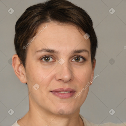 Joyful white adult female with short  brown hair and brown eyes