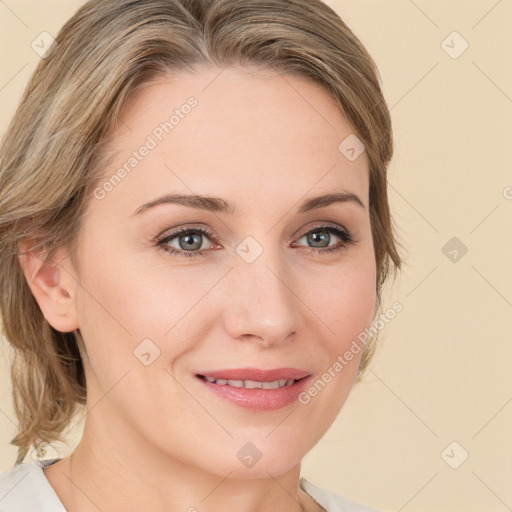 Joyful white young-adult female with medium  brown hair and green eyes