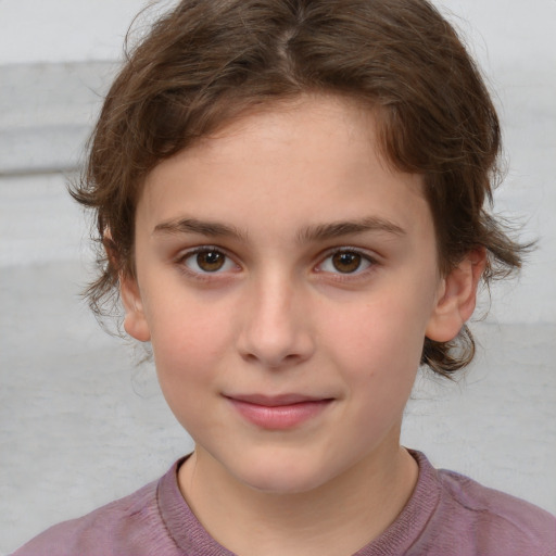 Joyful white child female with medium  brown hair and brown eyes