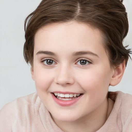 Joyful white child female with medium  brown hair and brown eyes