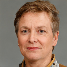 Joyful white middle-aged male with short  brown hair and brown eyes