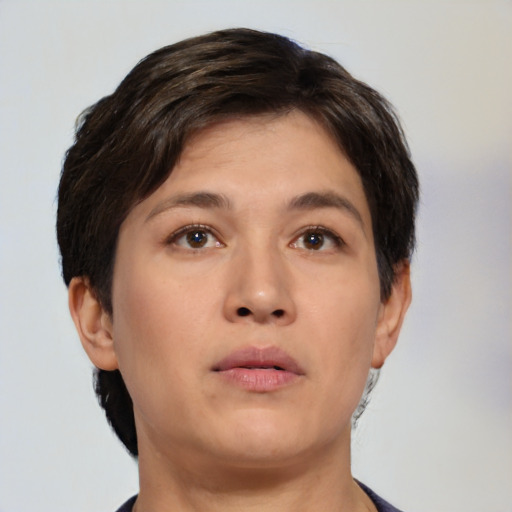 Neutral white young-adult female with short  brown hair and brown eyes