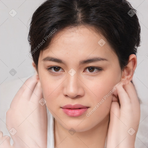 Joyful white young-adult female with medium  brown hair and brown eyes