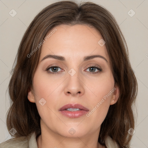 Neutral white young-adult female with medium  brown hair and brown eyes