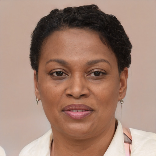 Joyful black adult female with short  brown hair and brown eyes