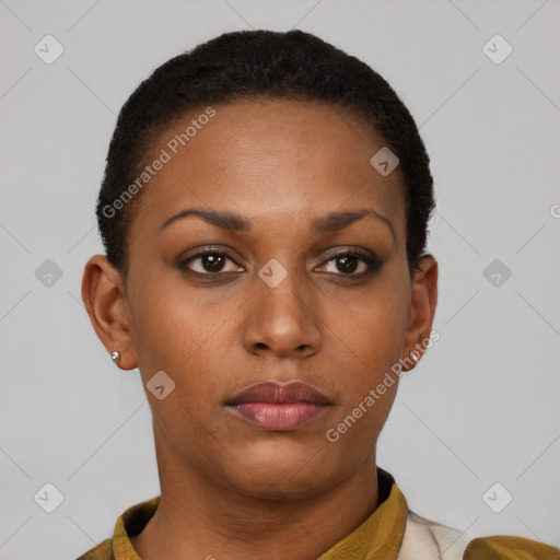 Neutral latino young-adult female with short  brown hair and brown eyes