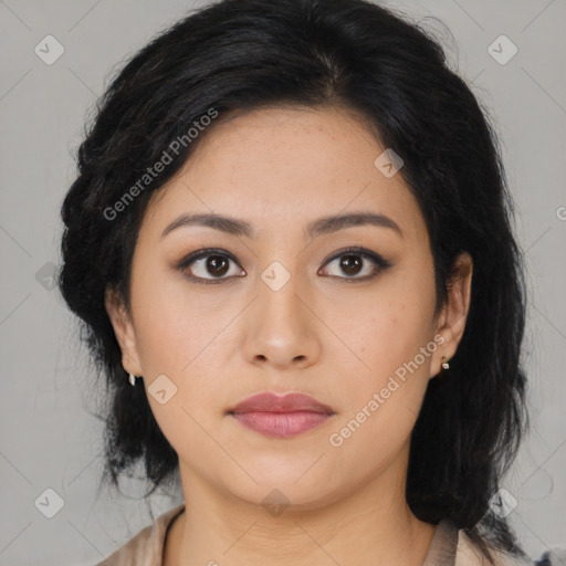 Neutral asian young-adult female with medium  black hair and brown eyes