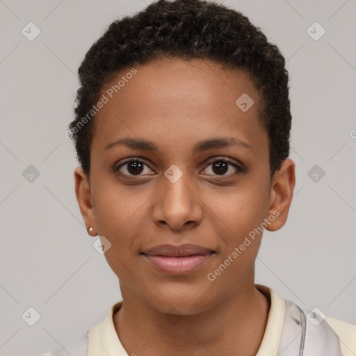 Joyful black young-adult female with short  brown hair and brown eyes