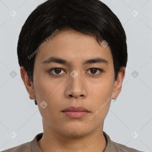 Neutral asian young-adult male with short  black hair and brown eyes