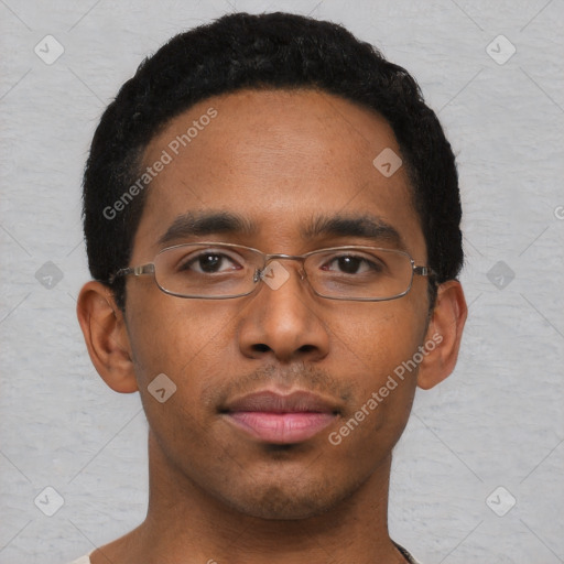 Neutral black young-adult male with short  brown hair and brown eyes