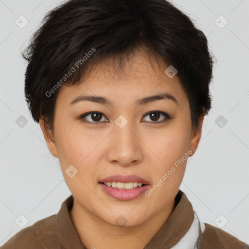 Joyful latino young-adult female with short  brown hair and brown eyes