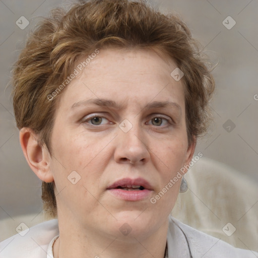 Joyful white adult female with short  brown hair and grey eyes