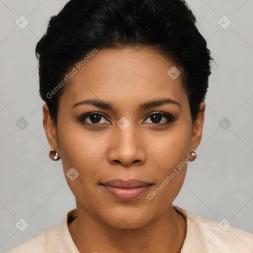 Joyful latino young-adult female with short  black hair and brown eyes