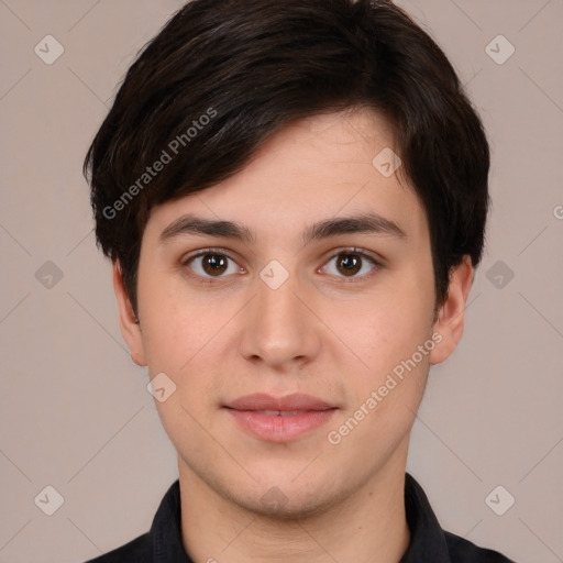 Neutral white young-adult male with short  brown hair and brown eyes