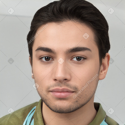 Neutral white young-adult male with short  brown hair and brown eyes