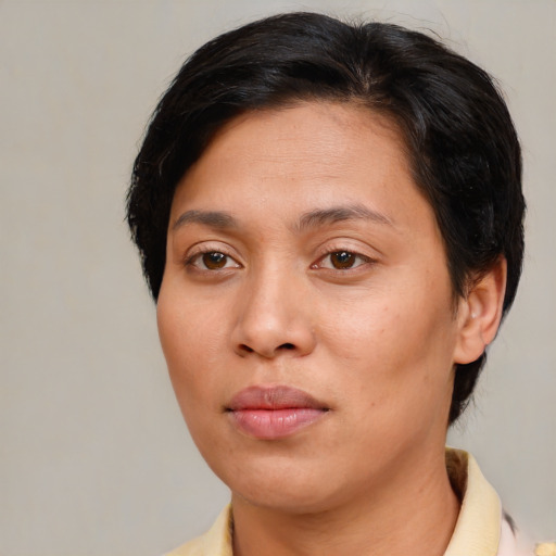 Neutral asian adult female with medium  brown hair and brown eyes
