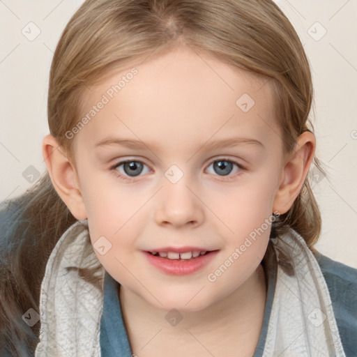 Joyful white child female with medium  brown hair and grey eyes