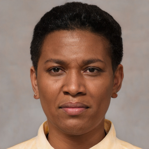 Joyful latino young-adult female with short  black hair and brown eyes