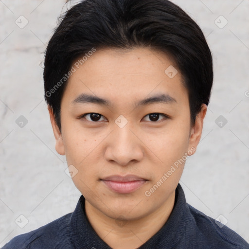 Joyful asian young-adult male with short  black hair and brown eyes