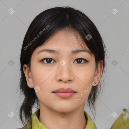 Neutral asian young-adult female with medium  black hair and brown eyes