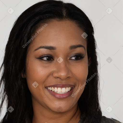 Joyful latino young-adult female with long  brown hair and brown eyes