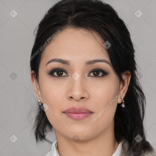 Neutral asian young-adult female with medium  black hair and brown eyes