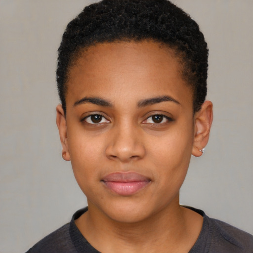 Neutral black young-adult female with short  black hair and brown eyes
