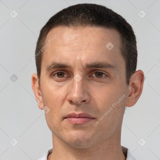 Neutral white adult male with short  brown hair and brown eyes