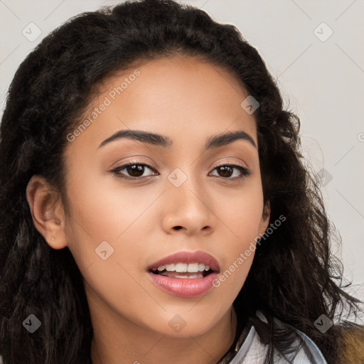 Joyful latino young-adult female with long  brown hair and brown eyes