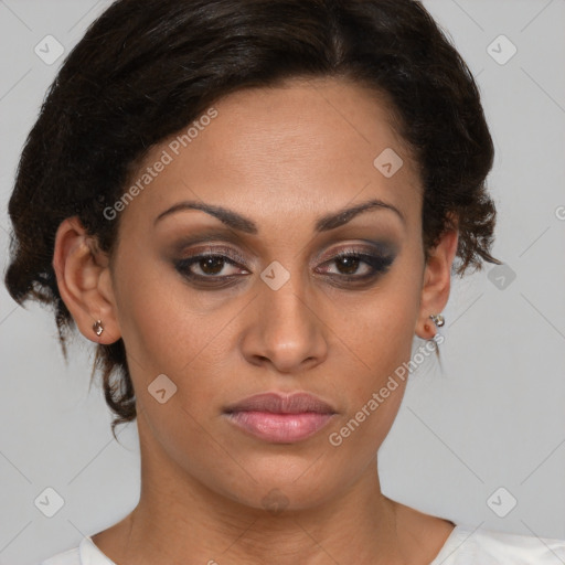 Joyful black young-adult female with medium  brown hair and brown eyes