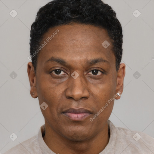 Neutral black adult male with short  black hair and brown eyes