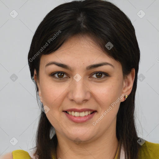Joyful white young-adult female with medium  brown hair and brown eyes