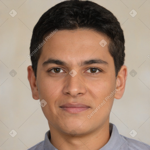 Neutral white young-adult male with short  black hair and brown eyes