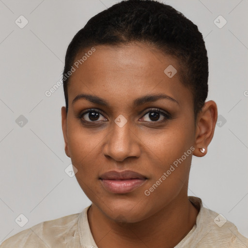 Joyful black young-adult female with short  brown hair and brown eyes