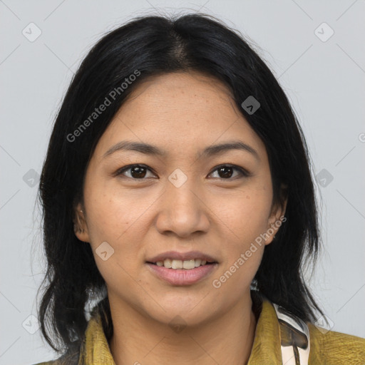 Joyful asian young-adult female with medium  brown hair and brown eyes