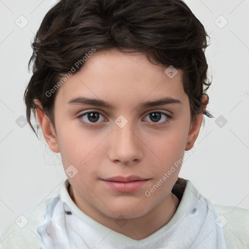 Joyful white child female with medium  brown hair and brown eyes