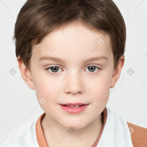 Joyful white child female with short  brown hair and brown eyes