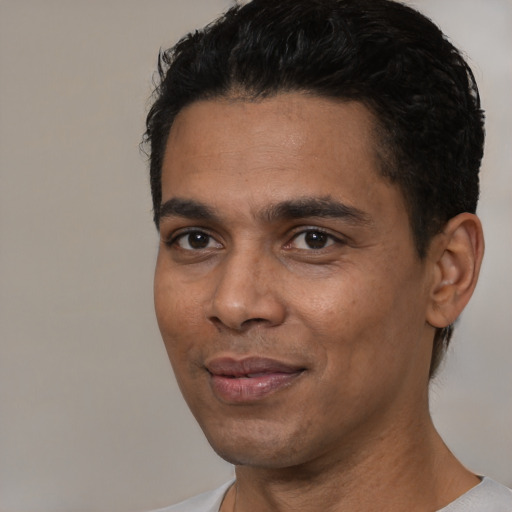 Joyful latino young-adult male with short  black hair and brown eyes