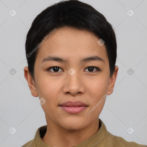 Joyful asian young-adult female with short  brown hair and brown eyes