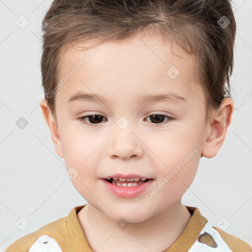 Joyful white child male with short  brown hair and brown eyes