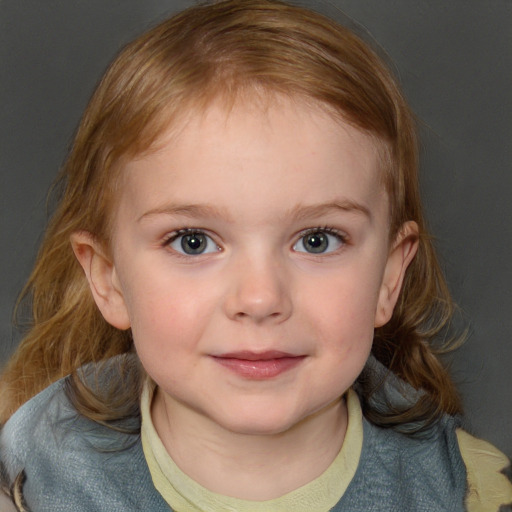 Joyful white child female with medium  brown hair and blue eyes