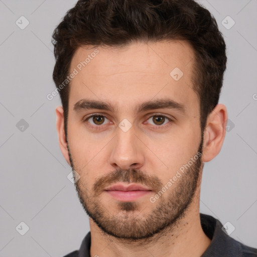 Neutral white young-adult male with short  brown hair and brown eyes