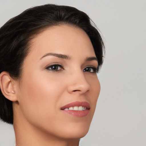 Joyful white young-adult female with medium  brown hair and brown eyes