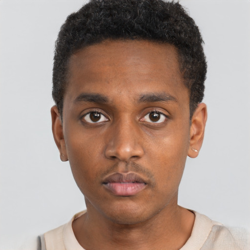 Neutral black young-adult male with short  black hair and brown eyes