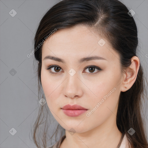 Neutral white young-adult female with long  brown hair and brown eyes